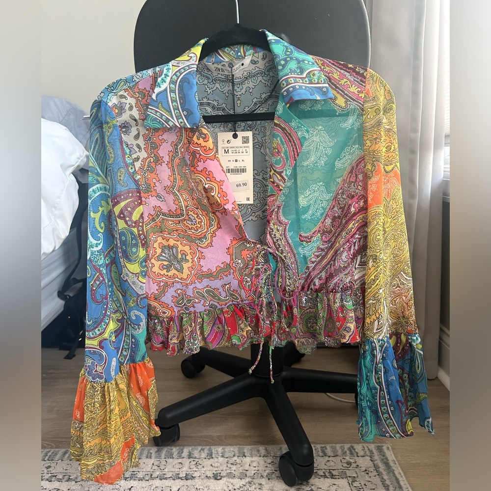 Zara Cropped tie-front sheer blouse - M, NWT